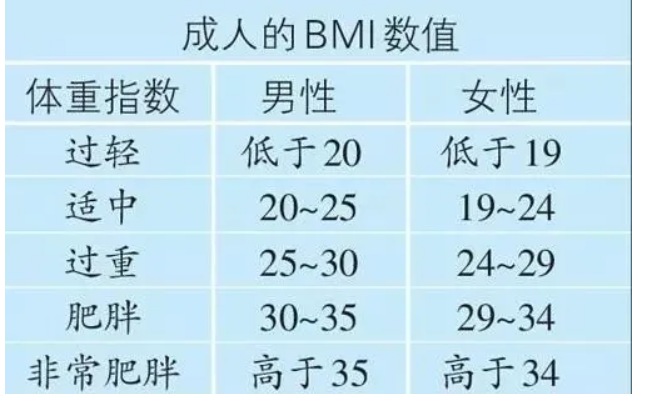 身高体重比例标准表bmi